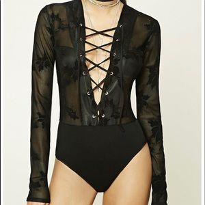 Sexy Mesh Lace up Bodysuit black long sleeve👌🏼❤️